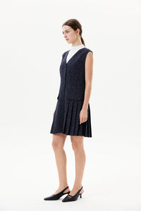 V Neck Tweed Pleated Dress