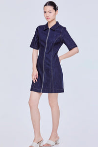 Collared Zip Up Denim Shirt Dress