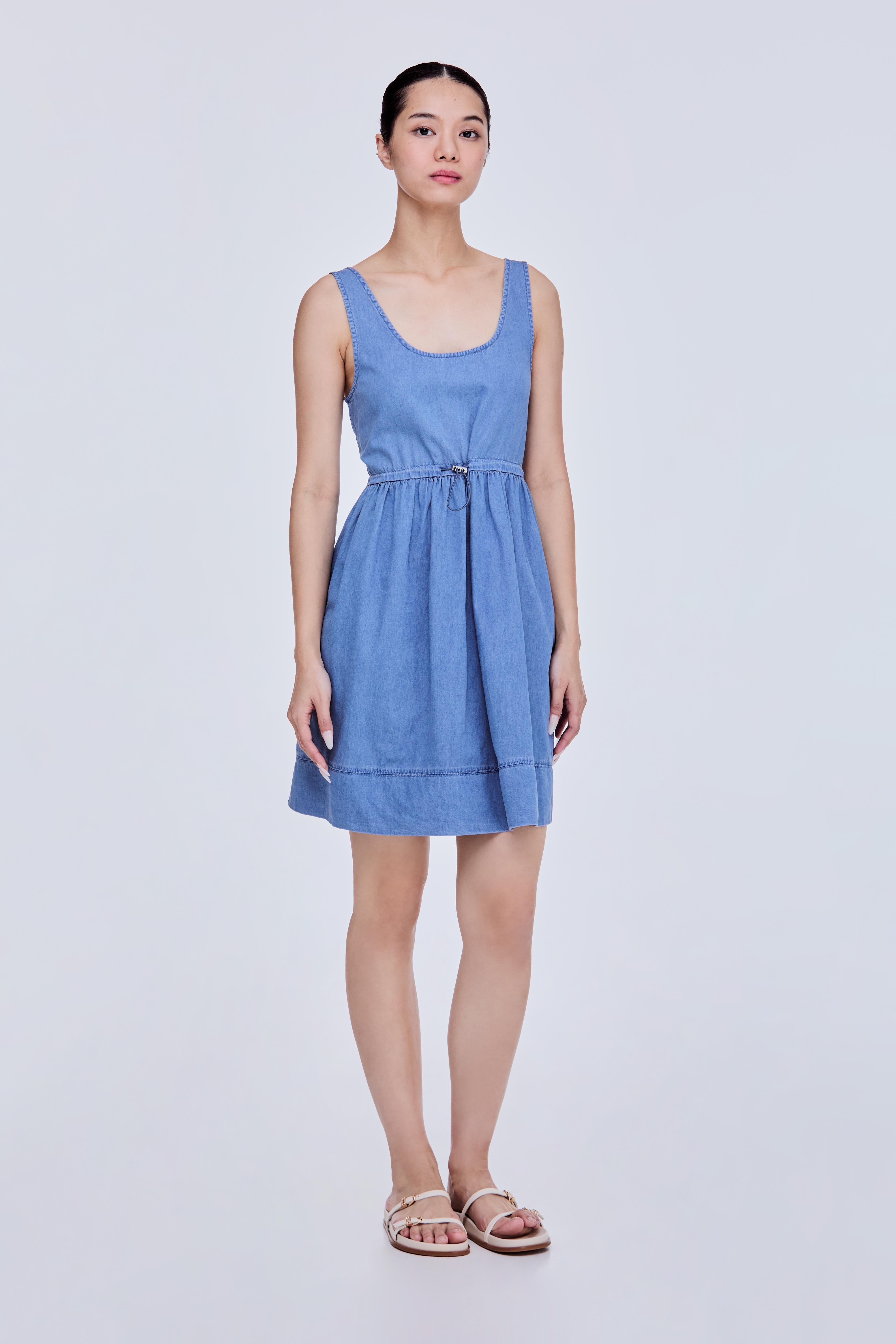 white christmas dresses Sleeveless Shirring Denim Mini Tunic Dress L main image 1
