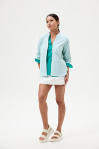 Open-Stand Collar Stripes Shirt