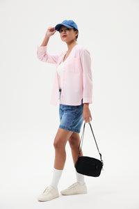 Open-Stand Collar Stripes Shirt