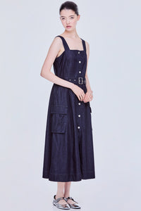 Button Down Sleeveless Midi Denim Dress