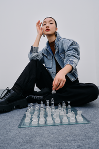 High-Neck Bomber Denim Jacket