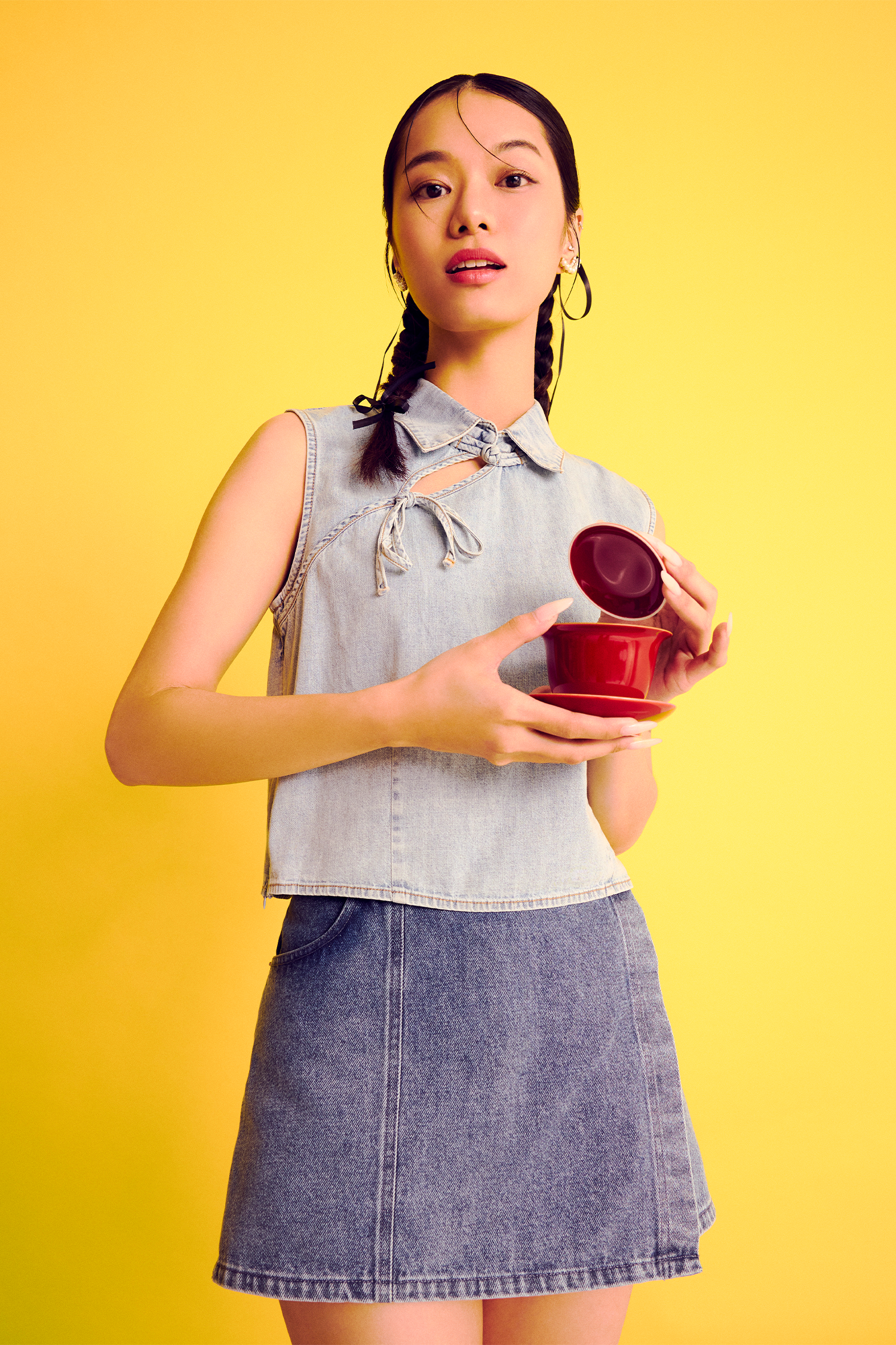 Knot Ribbon Denim Collared Top