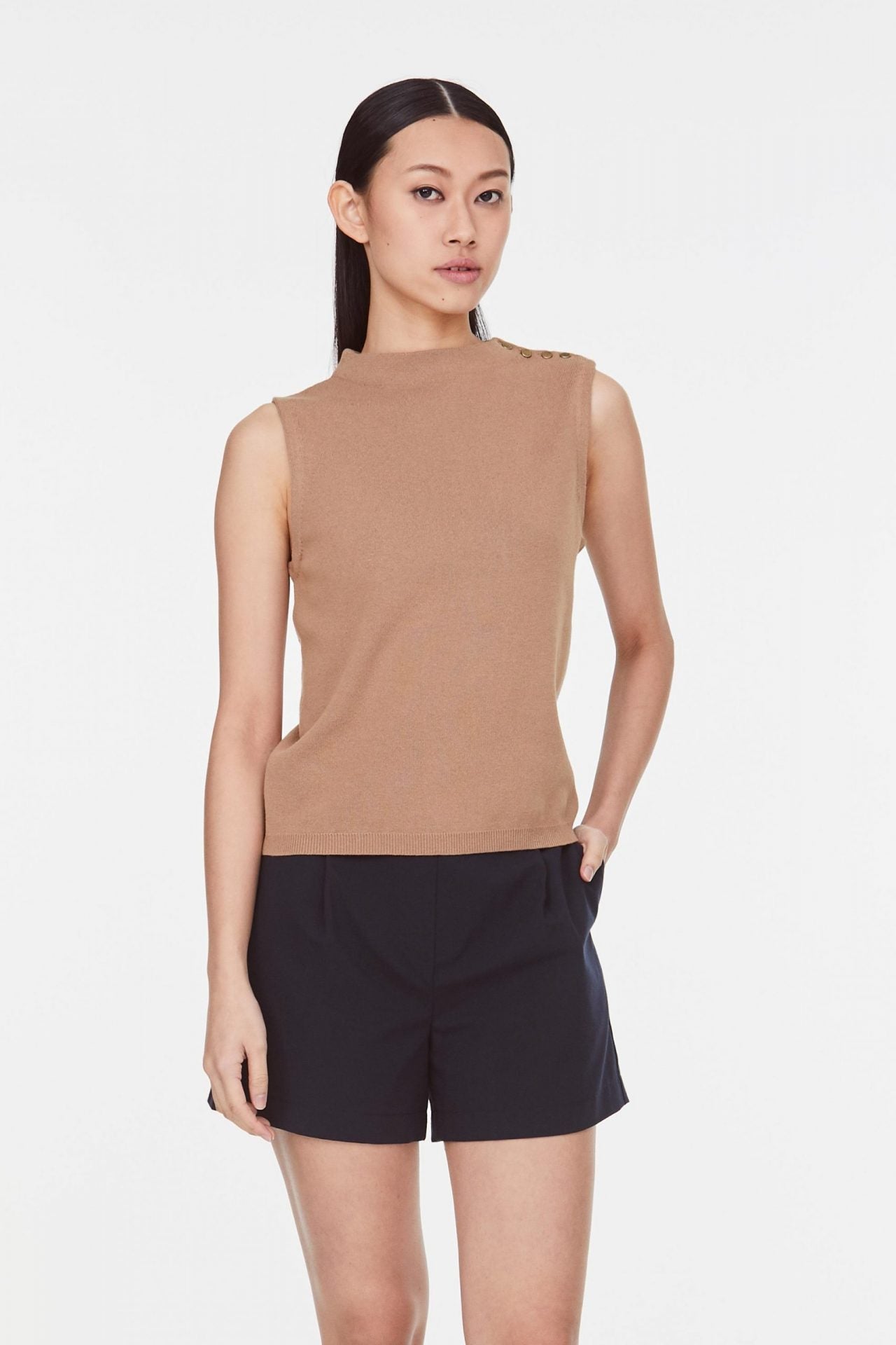 10087 KHAKI SHOULDER BUTTON KNIT