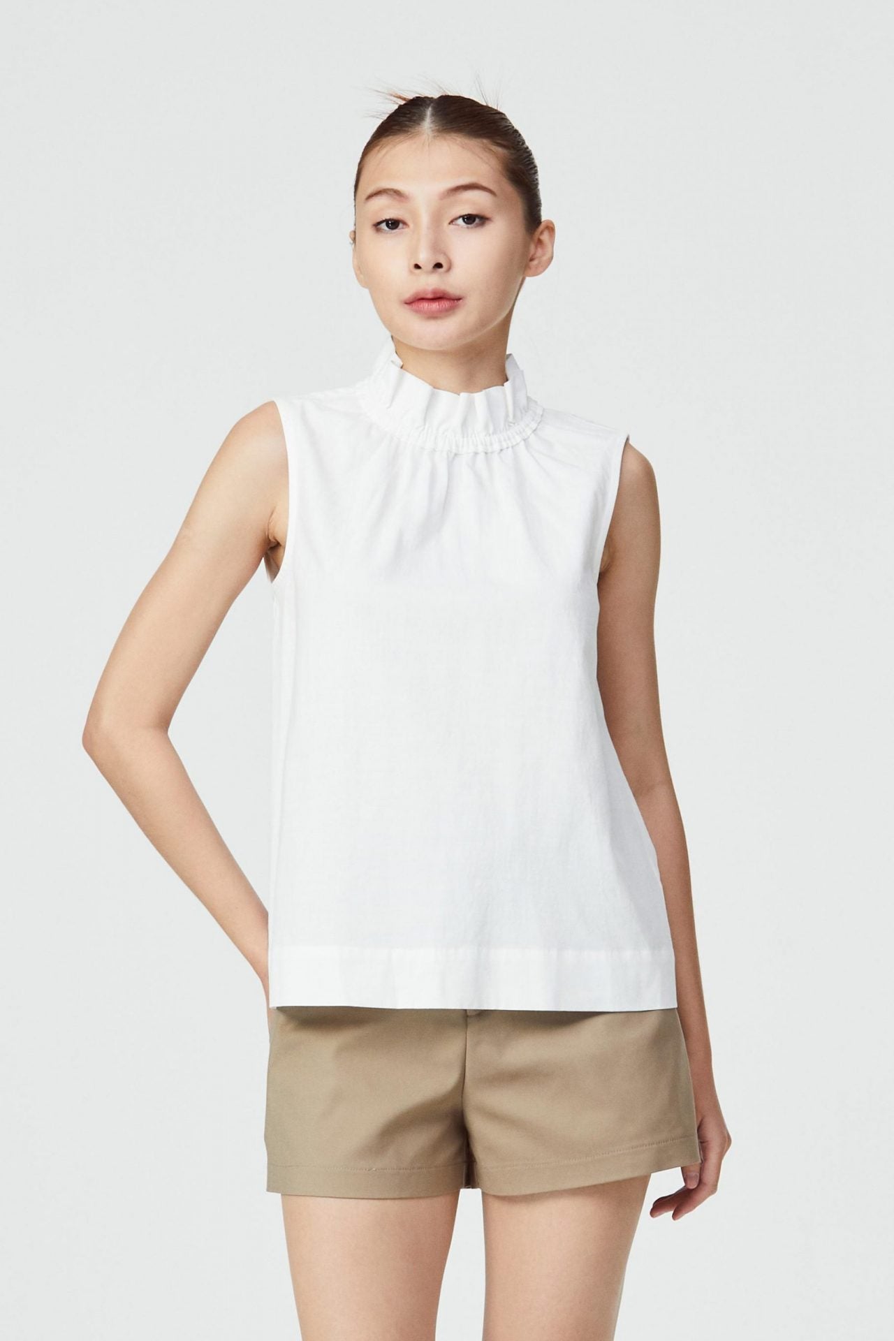 10300 CREAM RUFFLE NECKLINE TOP