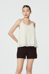 10340 BEIGE V-NECK CONTRAST RUFFLE BLOUSE