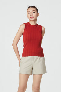 10348 TANGERINE RED PATTERN RIB KNIT TOP