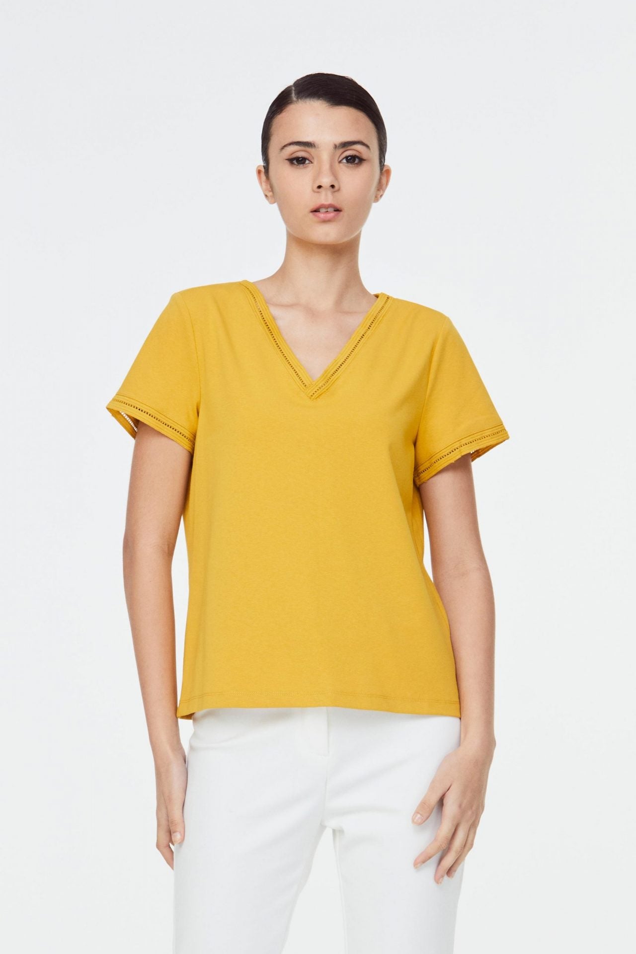 10432 Lace Trim Blouse Mustard