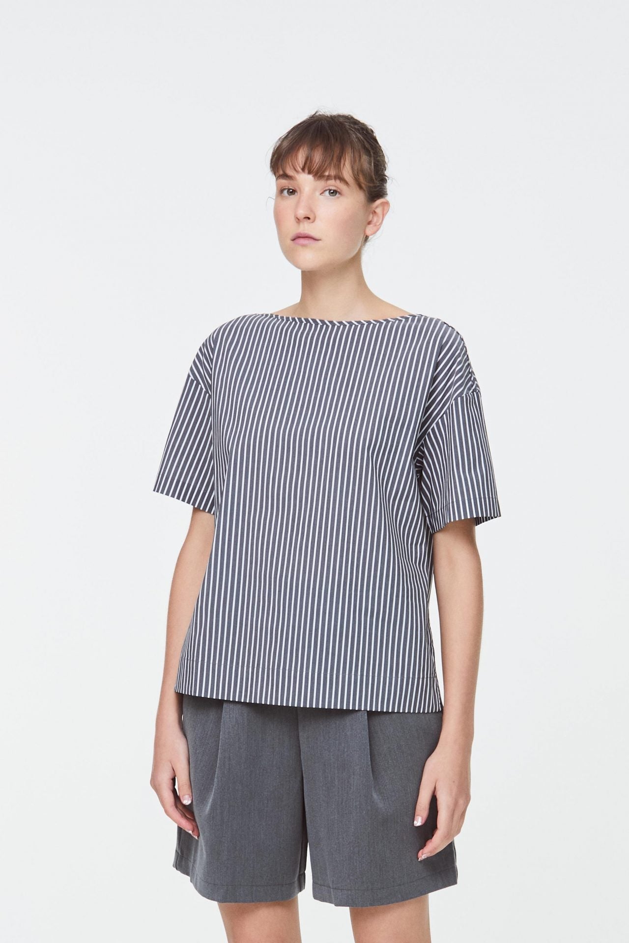 10581 Grey Stripes Printed Boxy Blouse