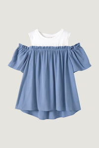 7447 MIXED FABRIC BLOUSE GREY BLUE