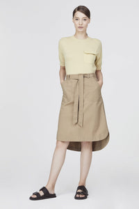 7652 khaki rounded hem midi skirt