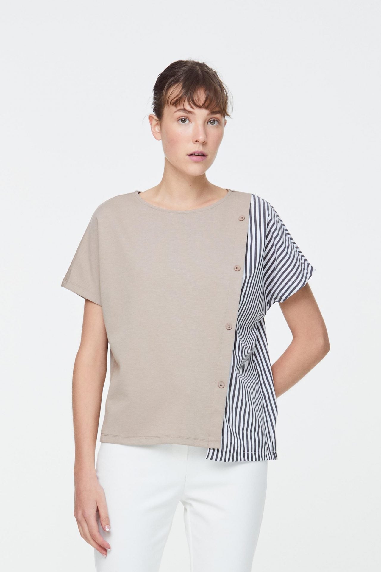 8282 Khaki Striped Contrast Top