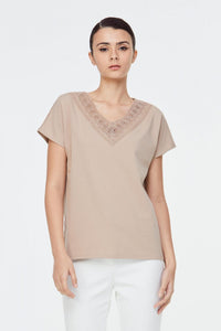 8434 Lace Panel Magyar Blouse Khaki