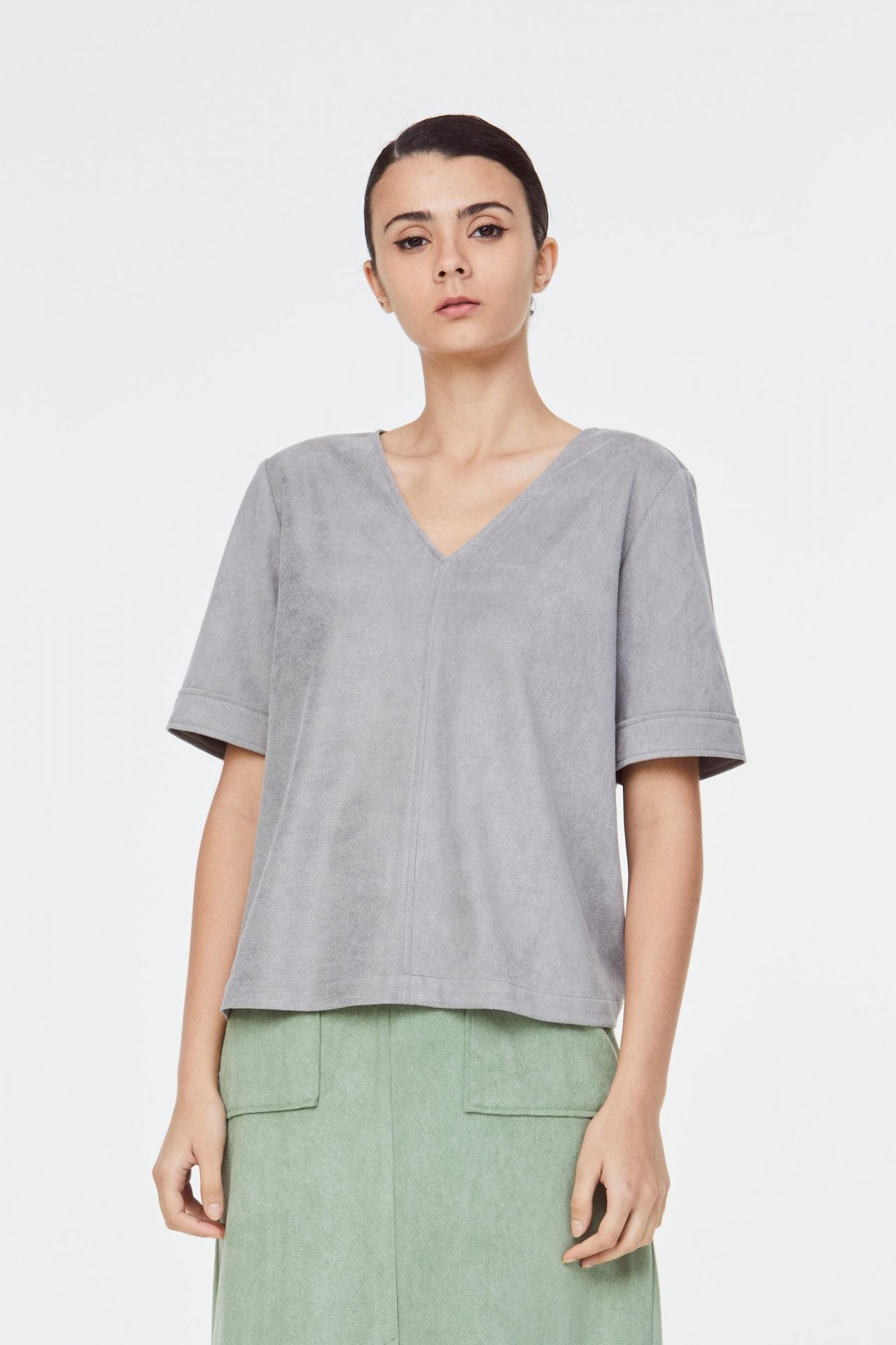9156 V Neck Cropped Blouse Grey