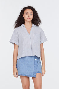 9170 DENIM STRIPES A-LINE FLARE COLLARED BLOUSE