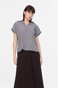 9592 Grey Stripe V neckline collared top