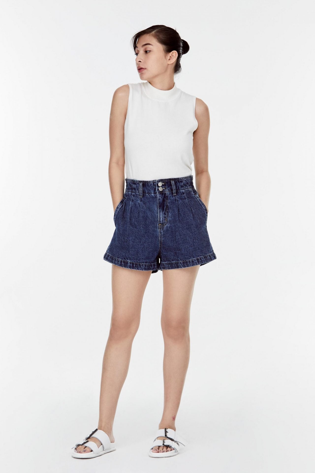 9822 DEEP DENIM HIGH-WASITED ELASTICATED SHORTS