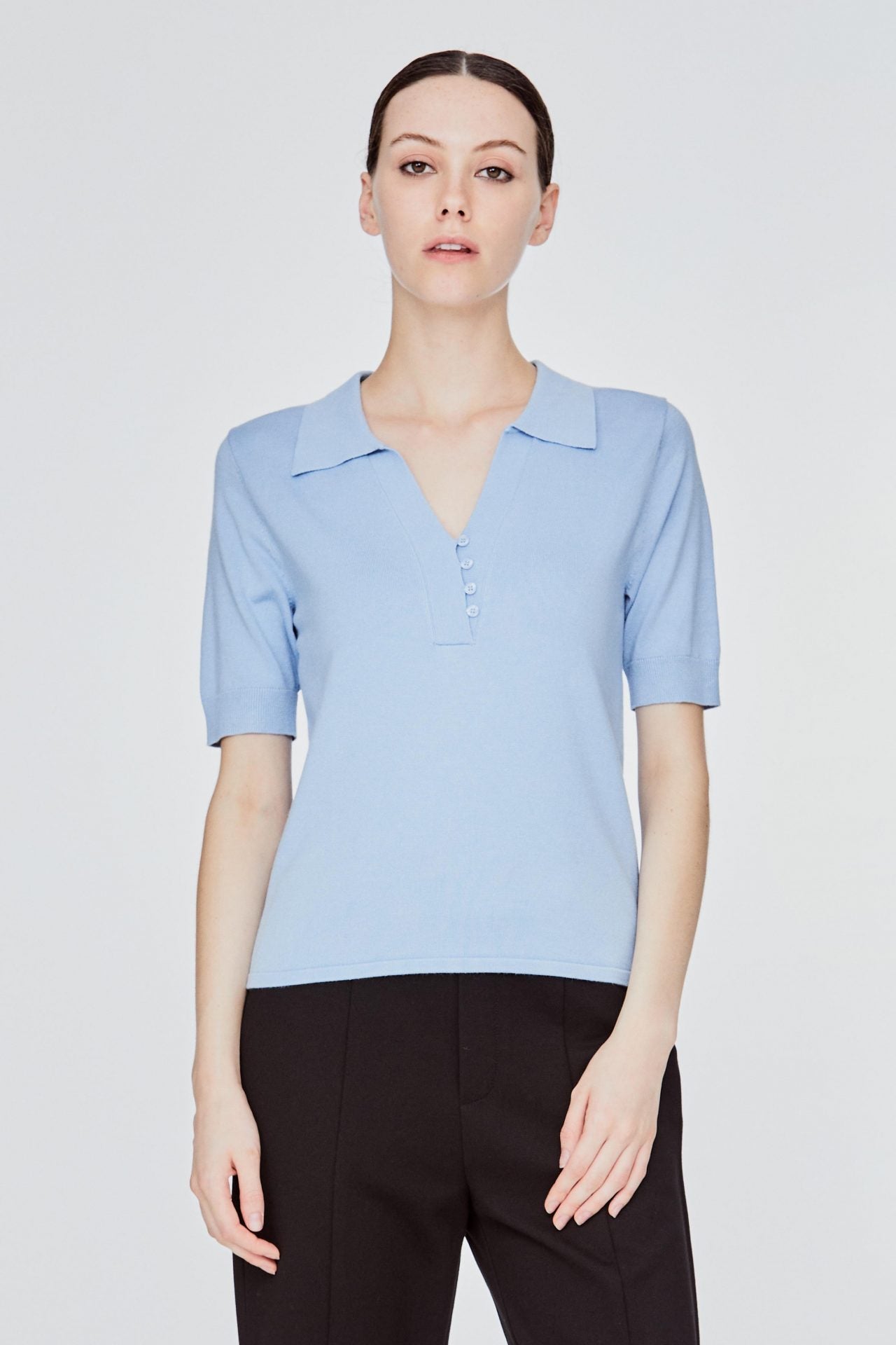 AB 10787 OPEN COLLAR BUTTON DOWN BLOUSE SKY BLUE