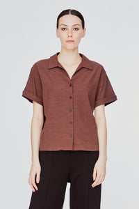 AB 10871 OPEN COLLAR BUTTON DOWN BLOUSE BROWN
