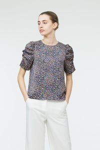 AB 10873 PUFF SLEEVE PRINTED BLOUSE NAVY