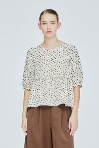 AB 11514 PRINTED PUFFY PEPLUM TOP ALMOND