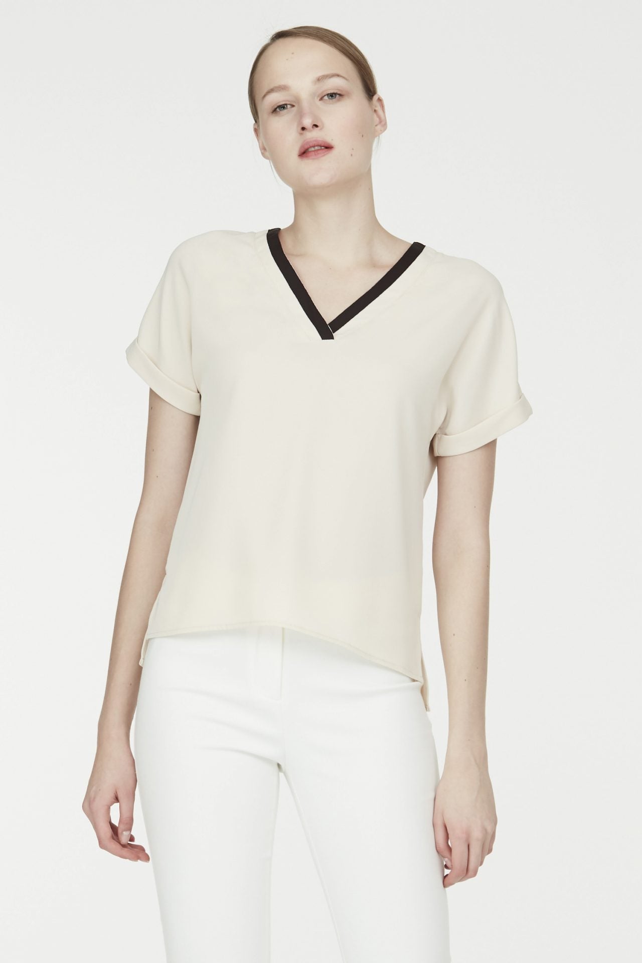 AB 7955 BEIGE COLOR BLOCK TRIM COLLARED BLOUSE
