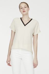 AB 7955 BEIGE COLOR BLOCK TRIM COLLARED BLOUSE