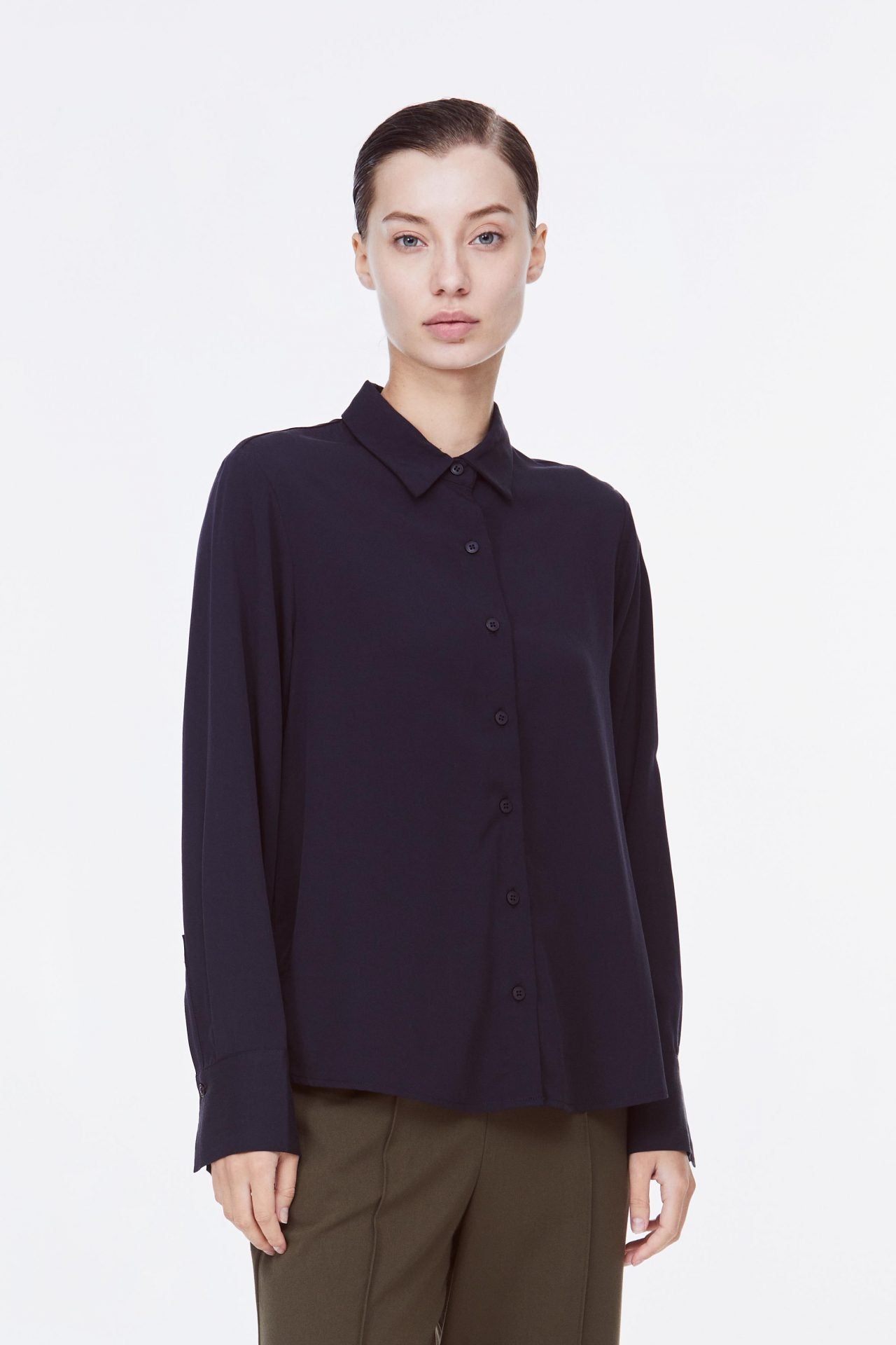 ABL 10667 COLLAR LONG SLEEVE TOP NAVY