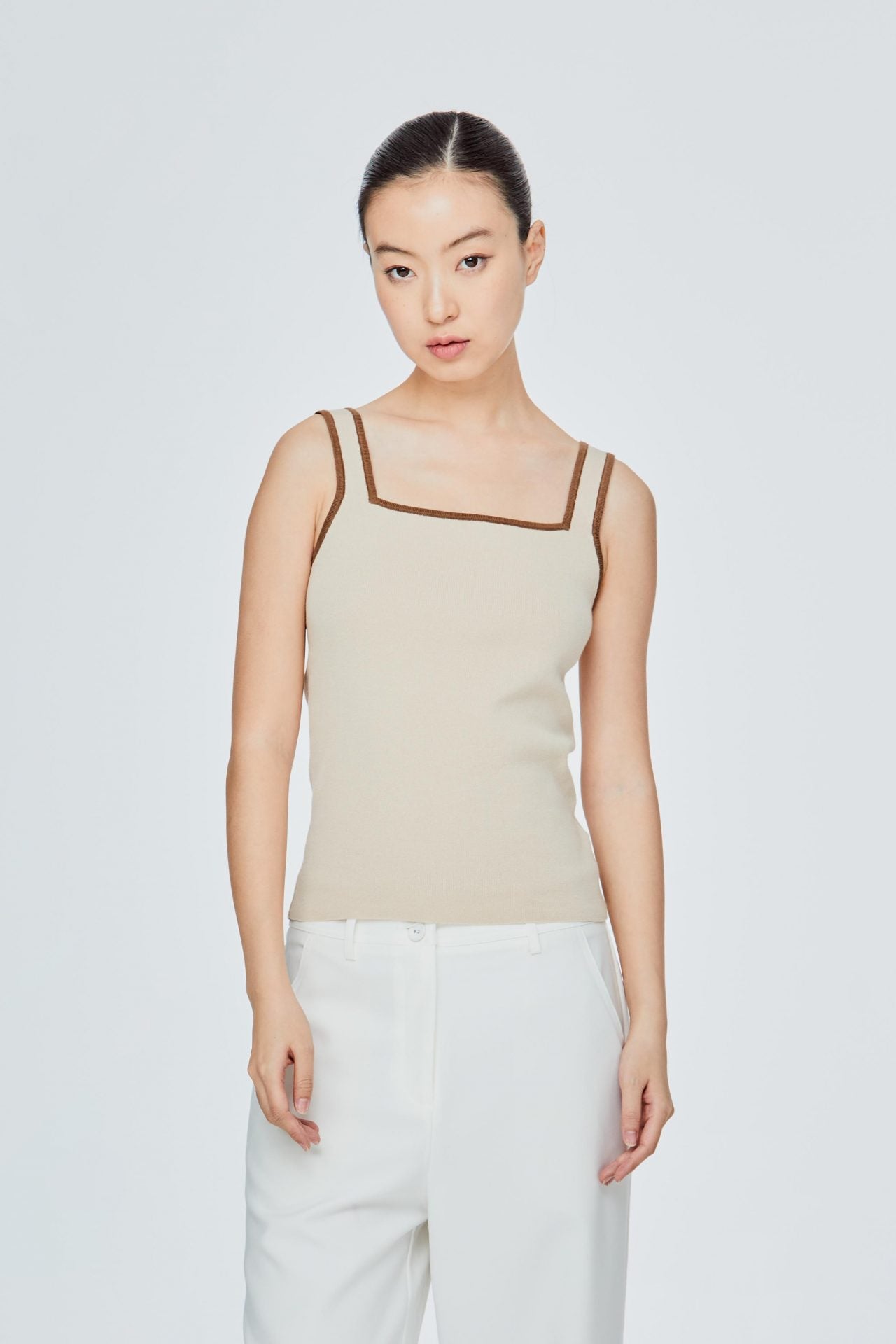 AK 11832 CONTRAST TANK KNIT TOP BEIGE