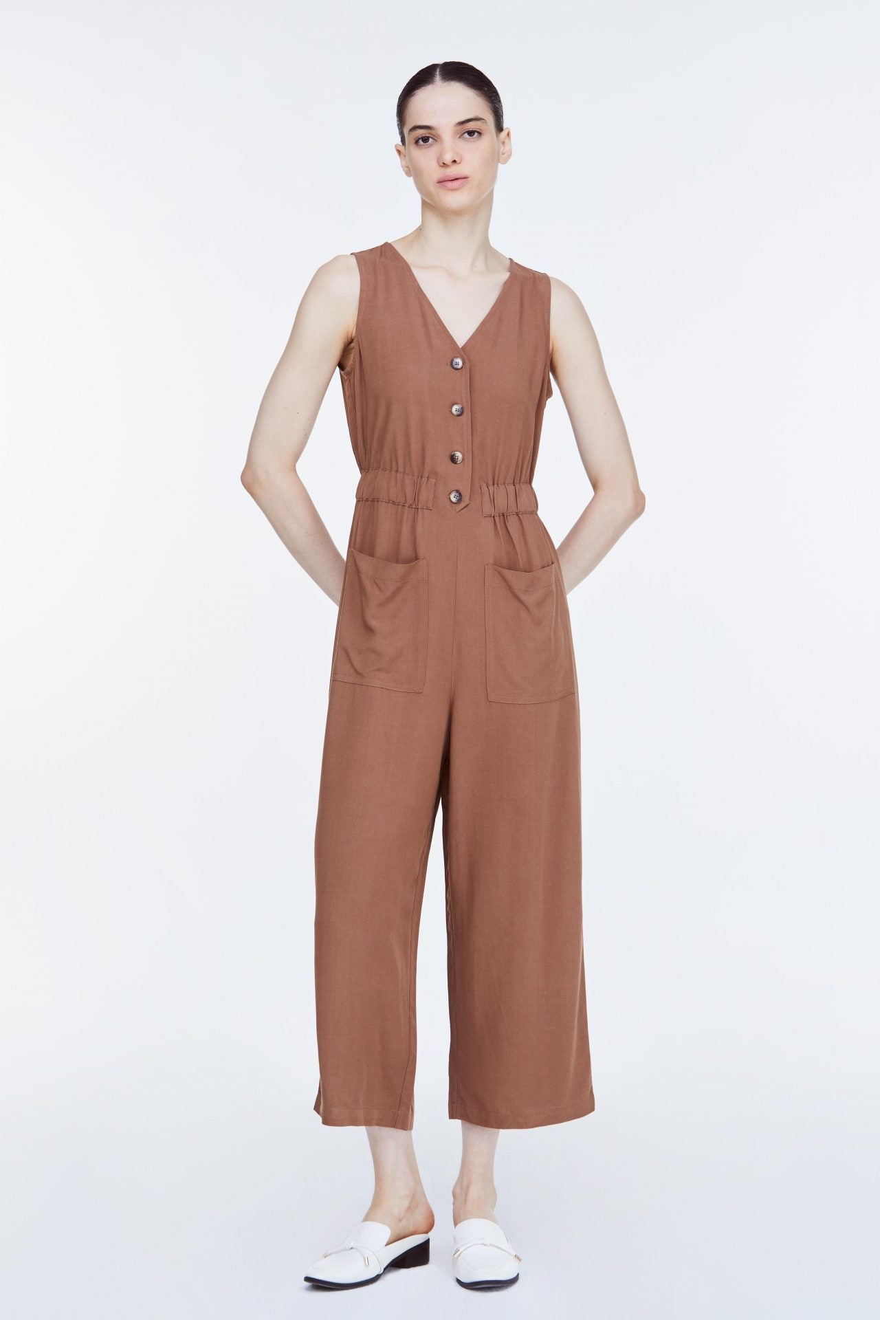 APD 10542 SLEEVELESS V NECK JUMPSUIT BROWN