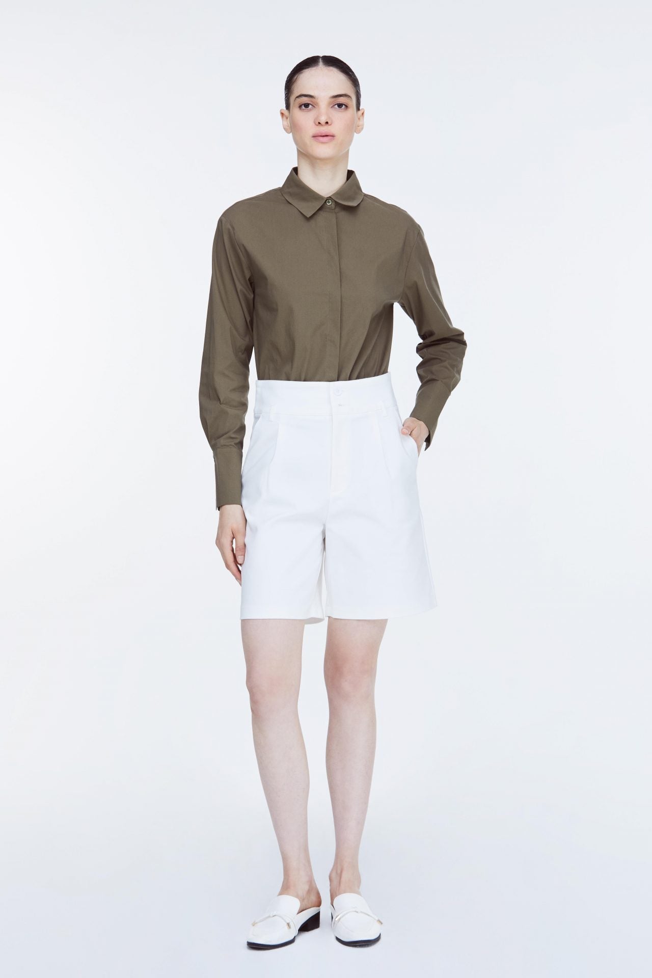 APS 11098 DOUBLE BUTTON HIGH WAIST SHORTS CREAM