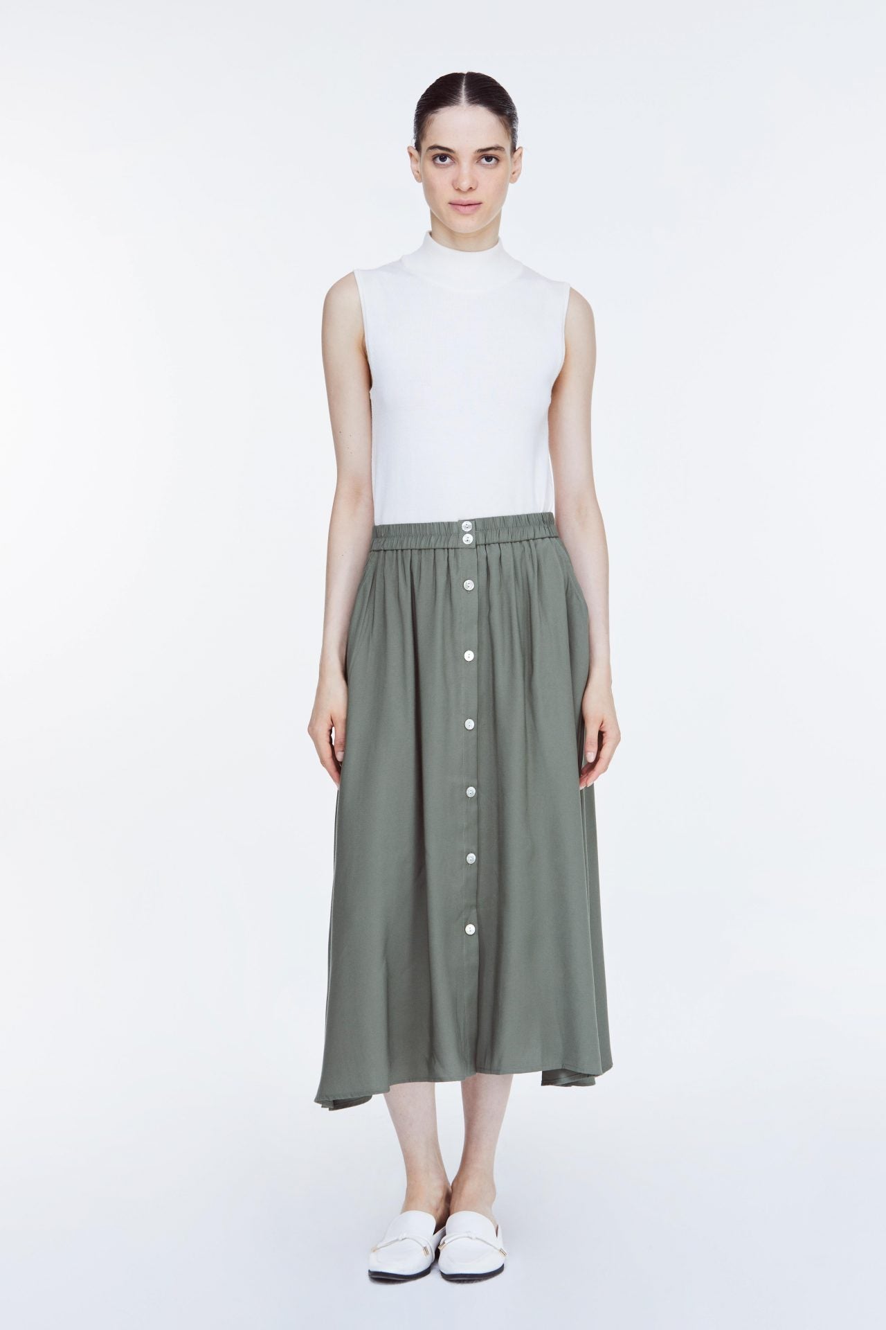 ASK 11054 BUTTON DOWN MIDI SKIRT KHAKI GREEN