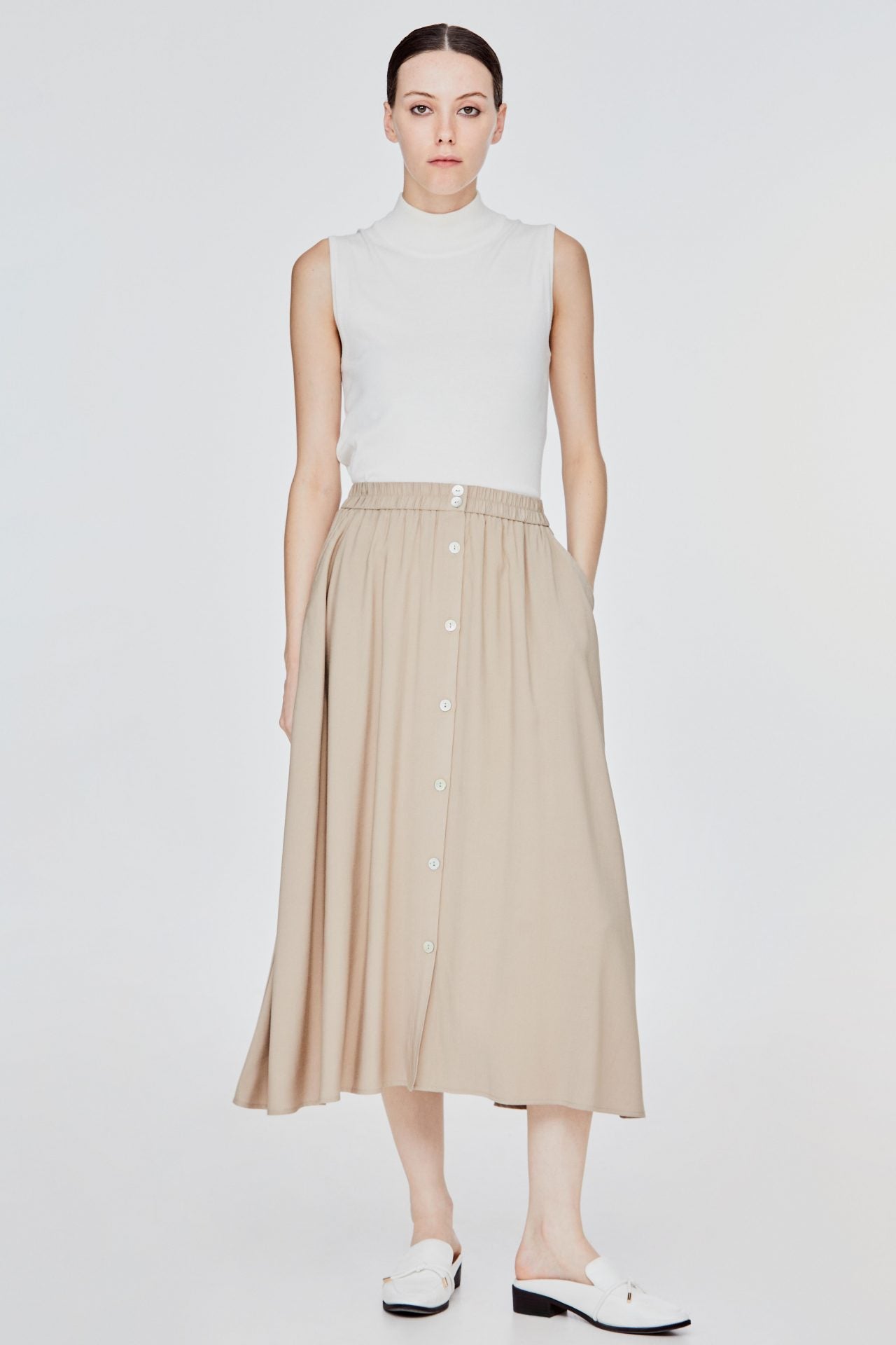 ASK 11054 BUTTON DOWN MIDI SKIRT KHAKI