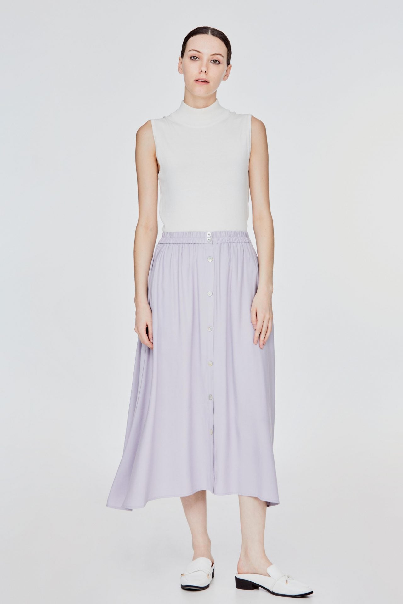 ASK 11054 BUTTON DOWN MIDI SKIRT LILAC