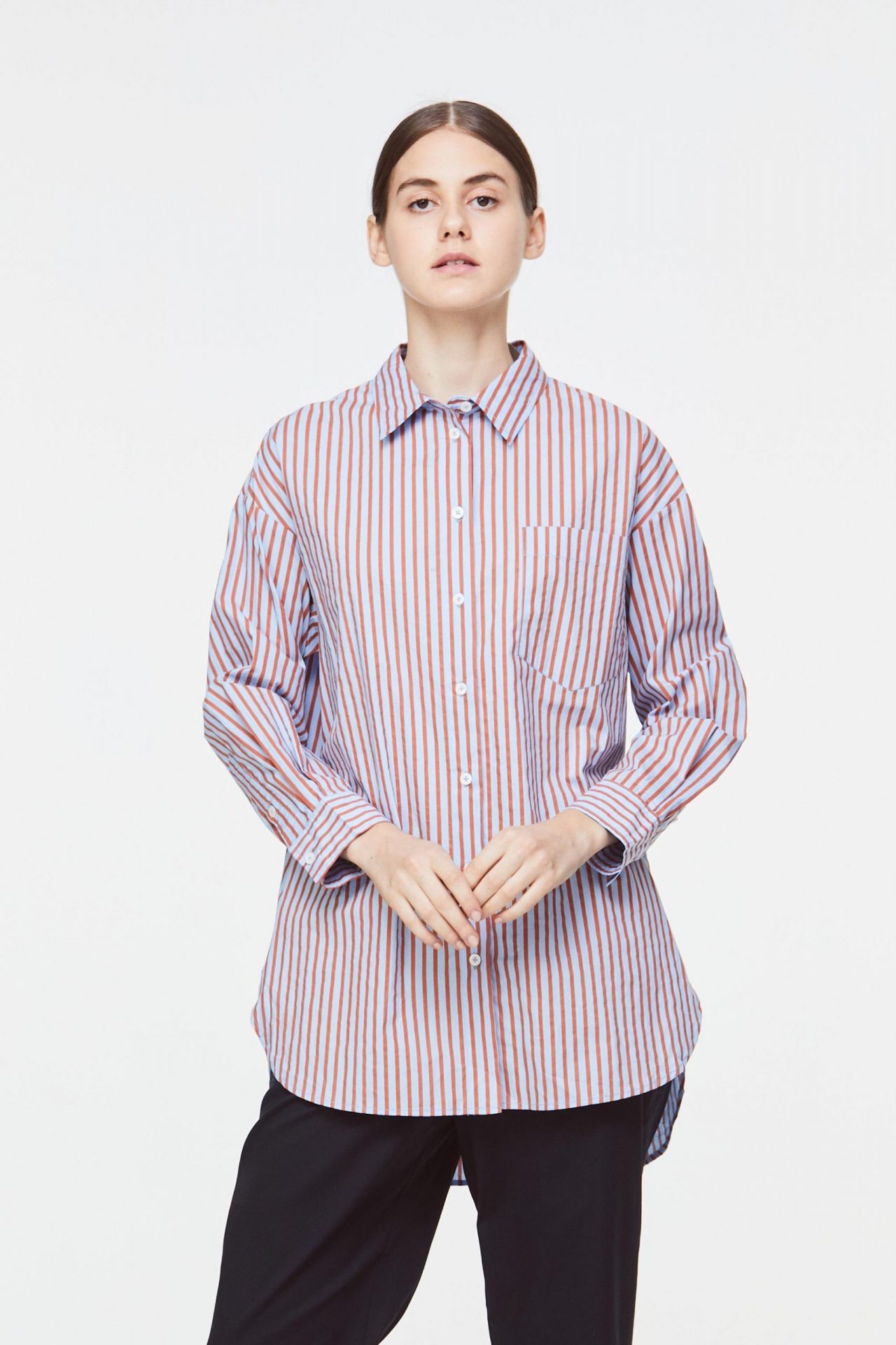 BBL 10715 CLASSIC COLLARED DOWN SHIRT BLOUSE RUST STRIPE