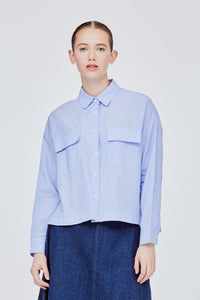 BBL 11446 STRIPED PATCH POCKET COLLARED BLOUSE PERIWINKLE