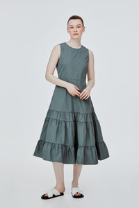 BDQ 10449 RUFFLE HEM MIDI DRESS DARK SAGE
