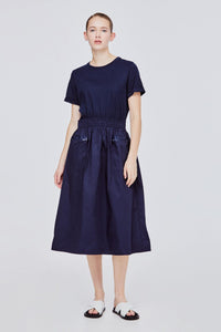 BDQ 11594 ELASTICATED A-LINE DRESS NAVY