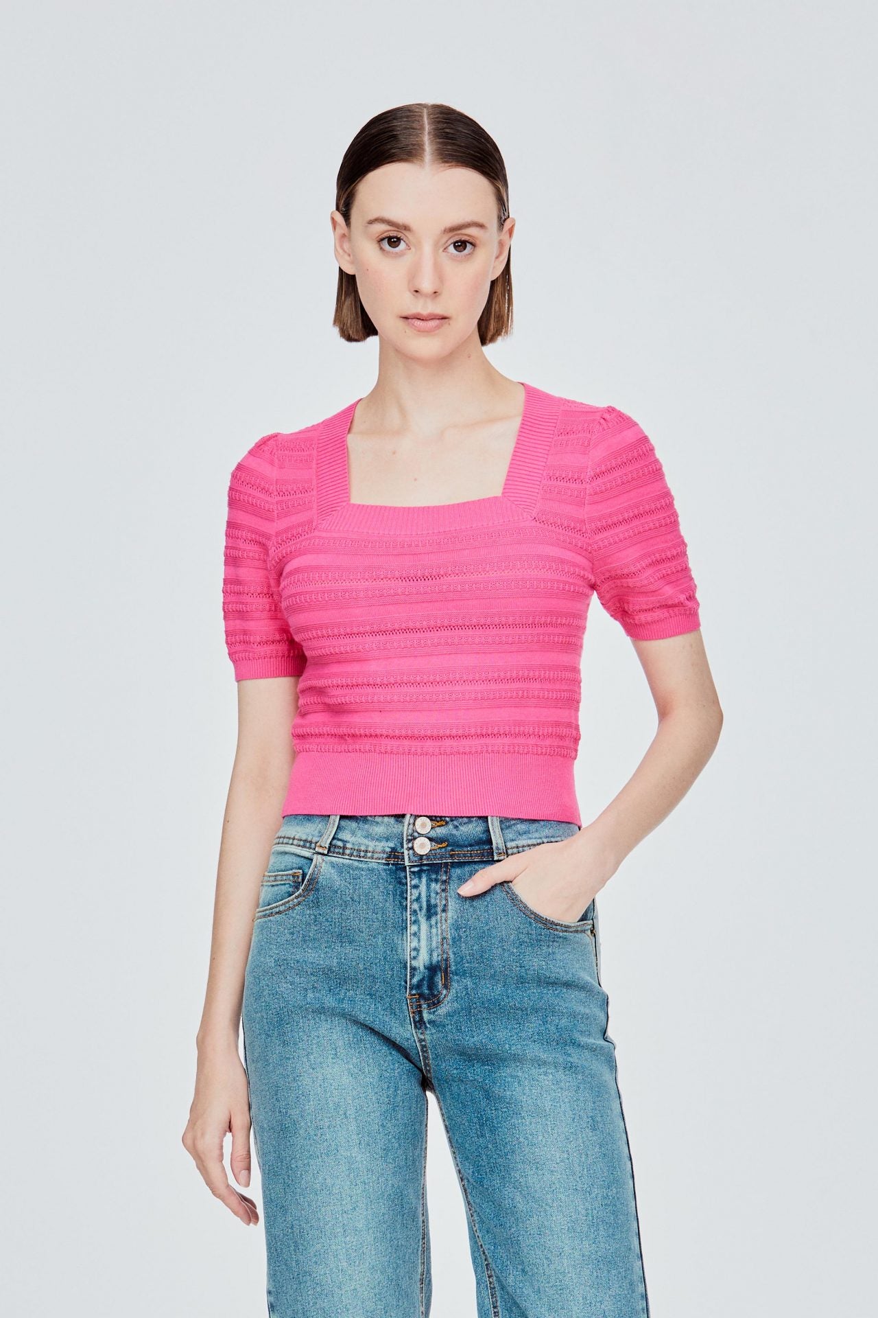 BK 11132 ROUND NECKLINE STRIPES TOP HOT PINK