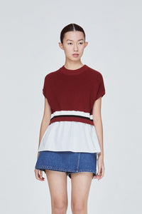BK 9186 MIXED FABRIC BLOUSE MAROON