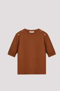 BK 9373 BUTTON SHOULDER KNIT TOP BROWN