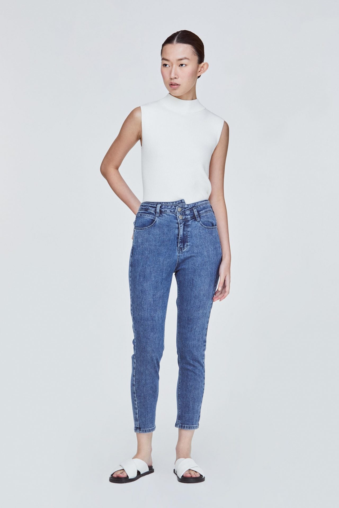 BPL 11190 ASYMMETRICAL WAIST DOUBLE BUTTON JEANS DEEP DENIM