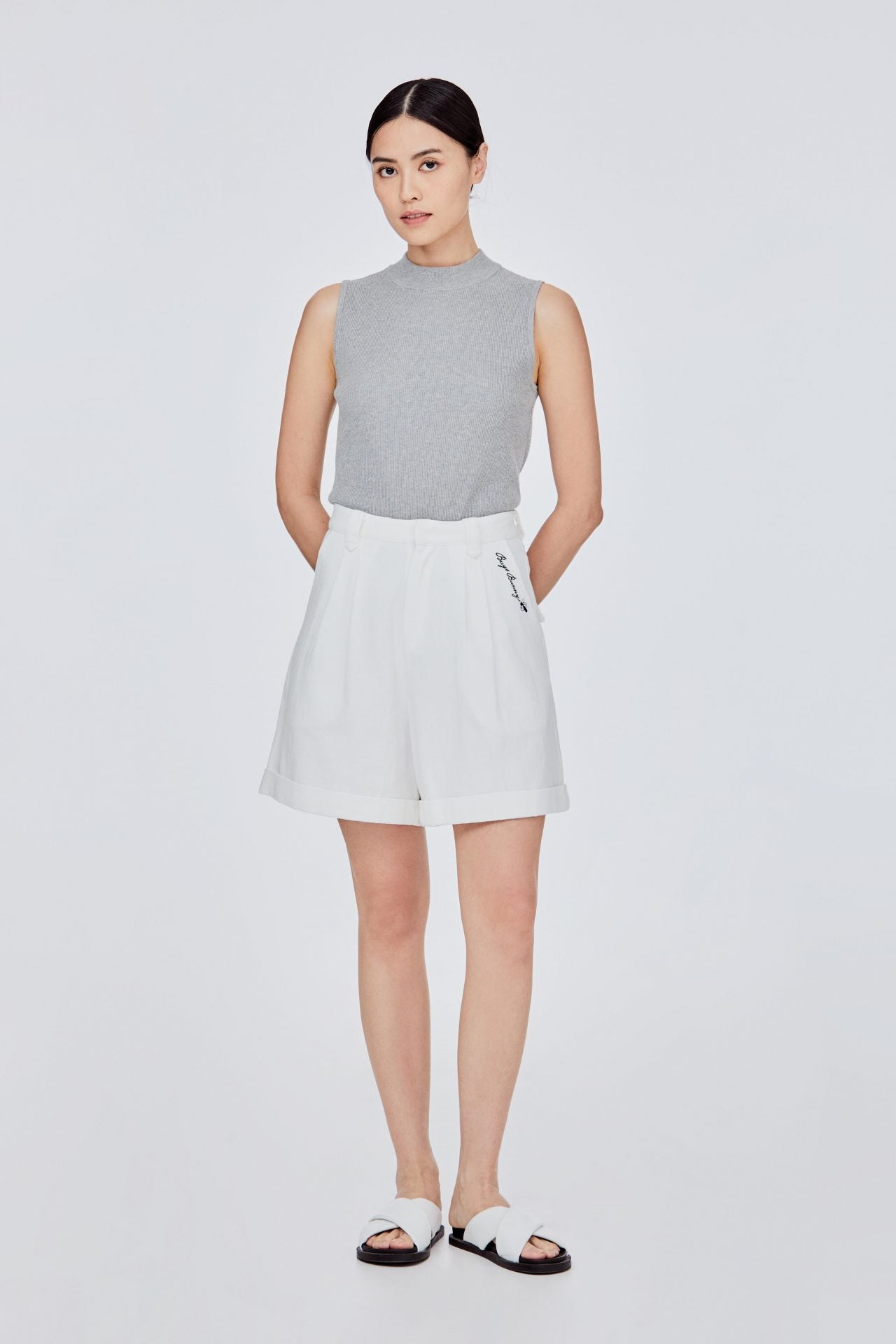 BPS 11621 WIDE LEG SHORTS WITH SIDE EMBROIDERED LOGO CREAM