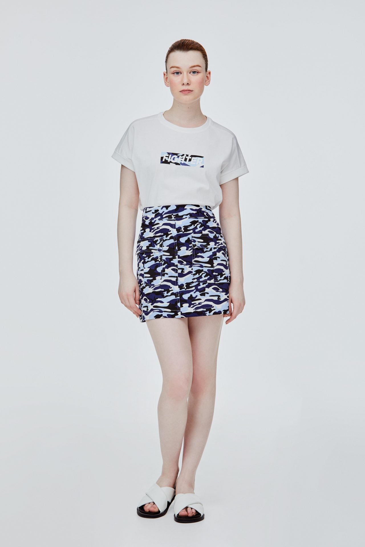 BSK 11119 PRINTED A-LINE CAMO SKIRT NAVY