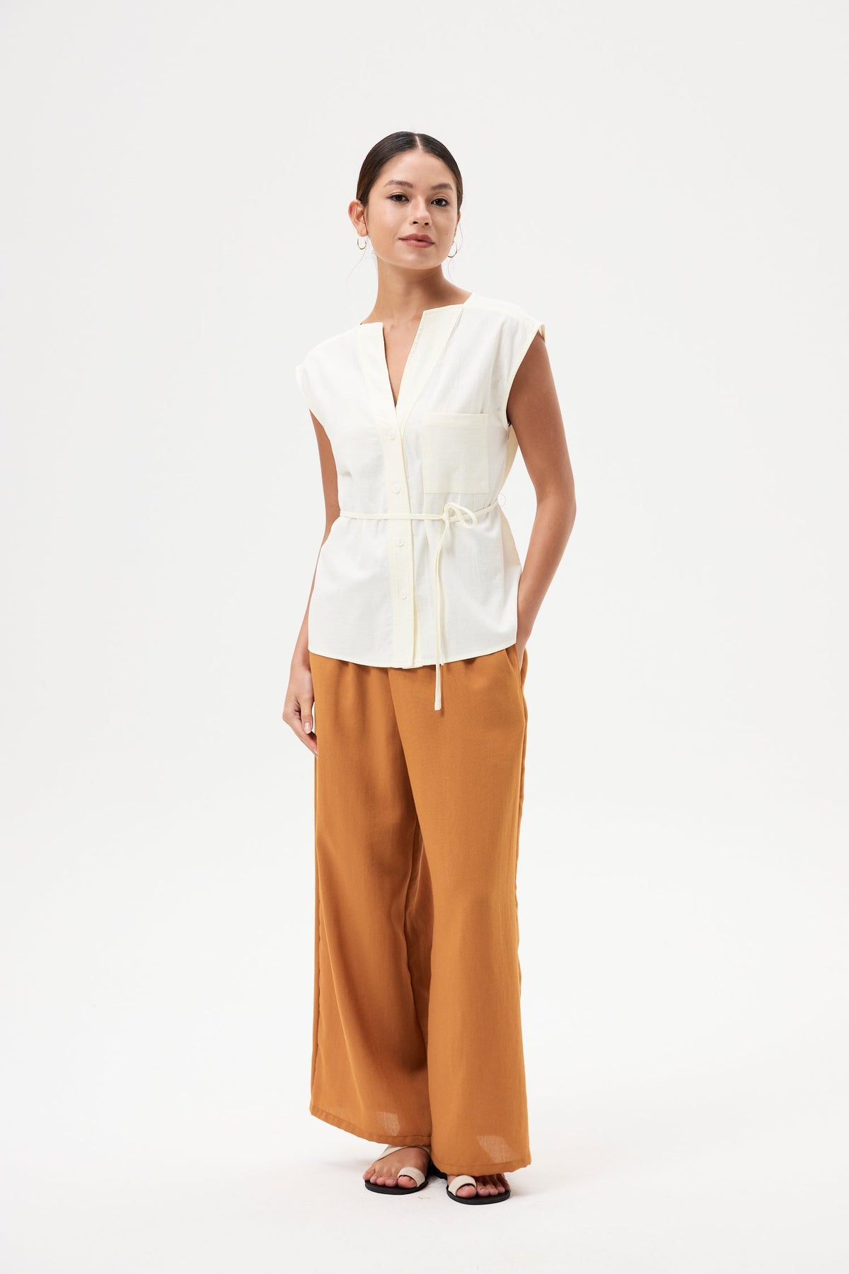 Low V-neck Button Down Vest Top