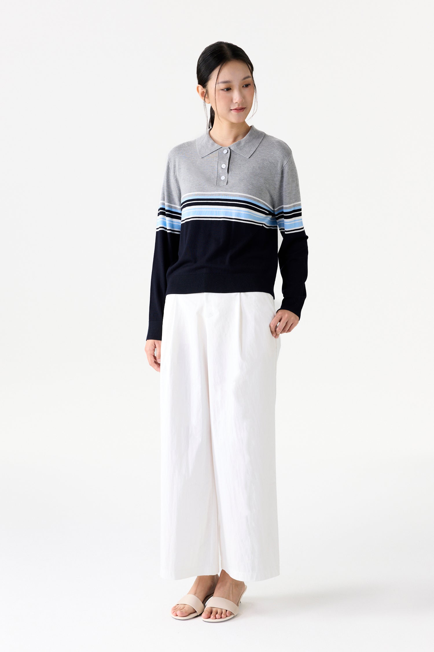 Striped Long Sleeve Knit Polo