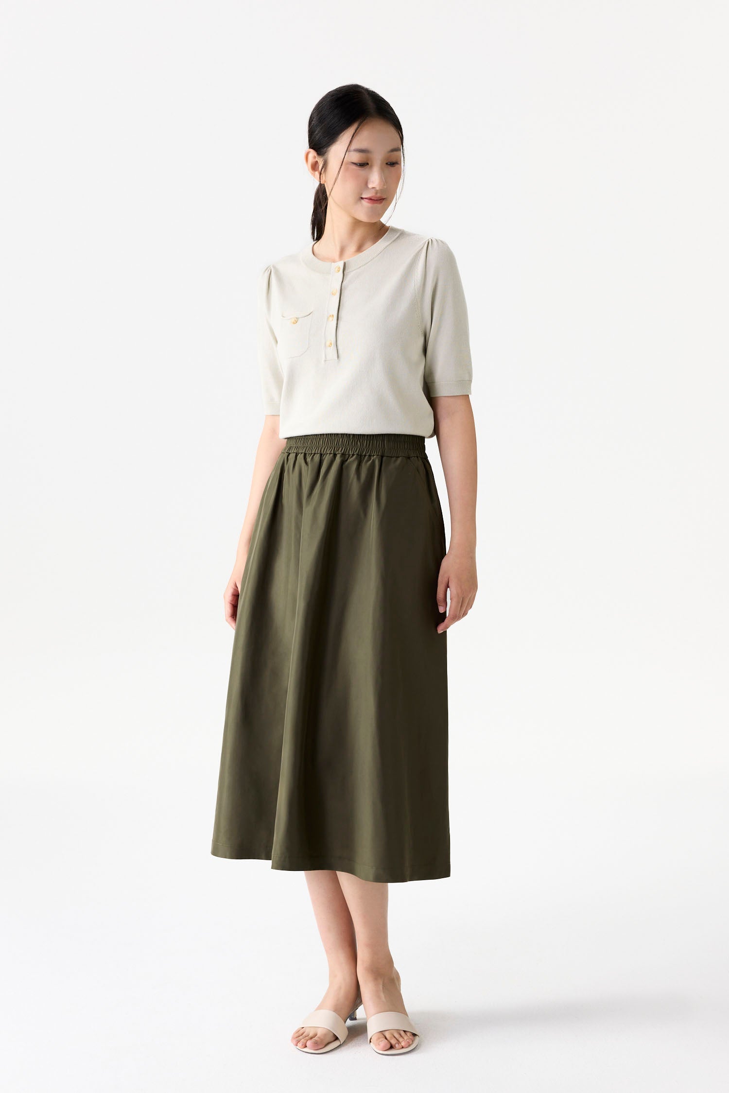 Elasticated Flared Midi Skirt