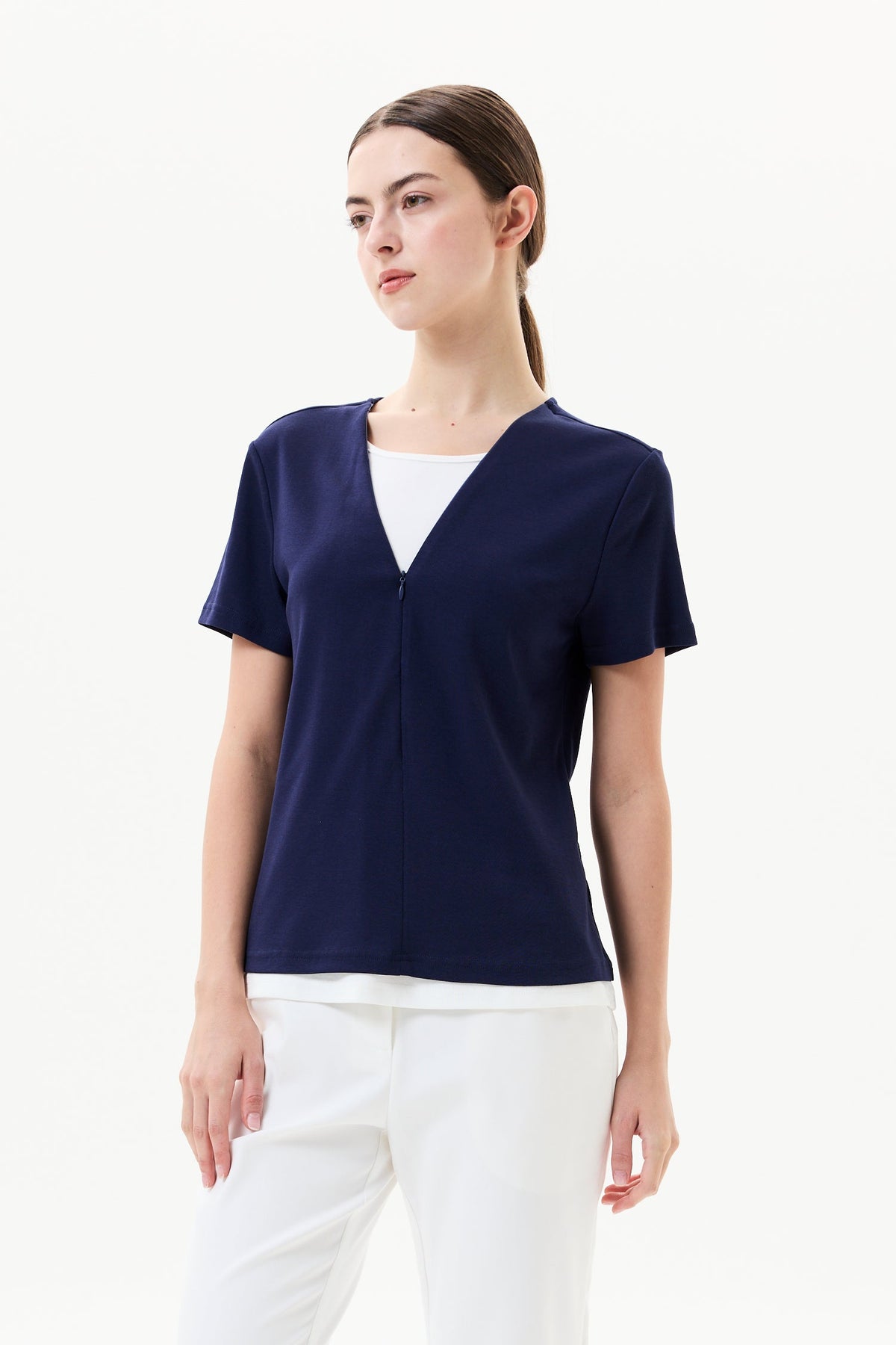Faux Two-Piece V Neck Jersey Top