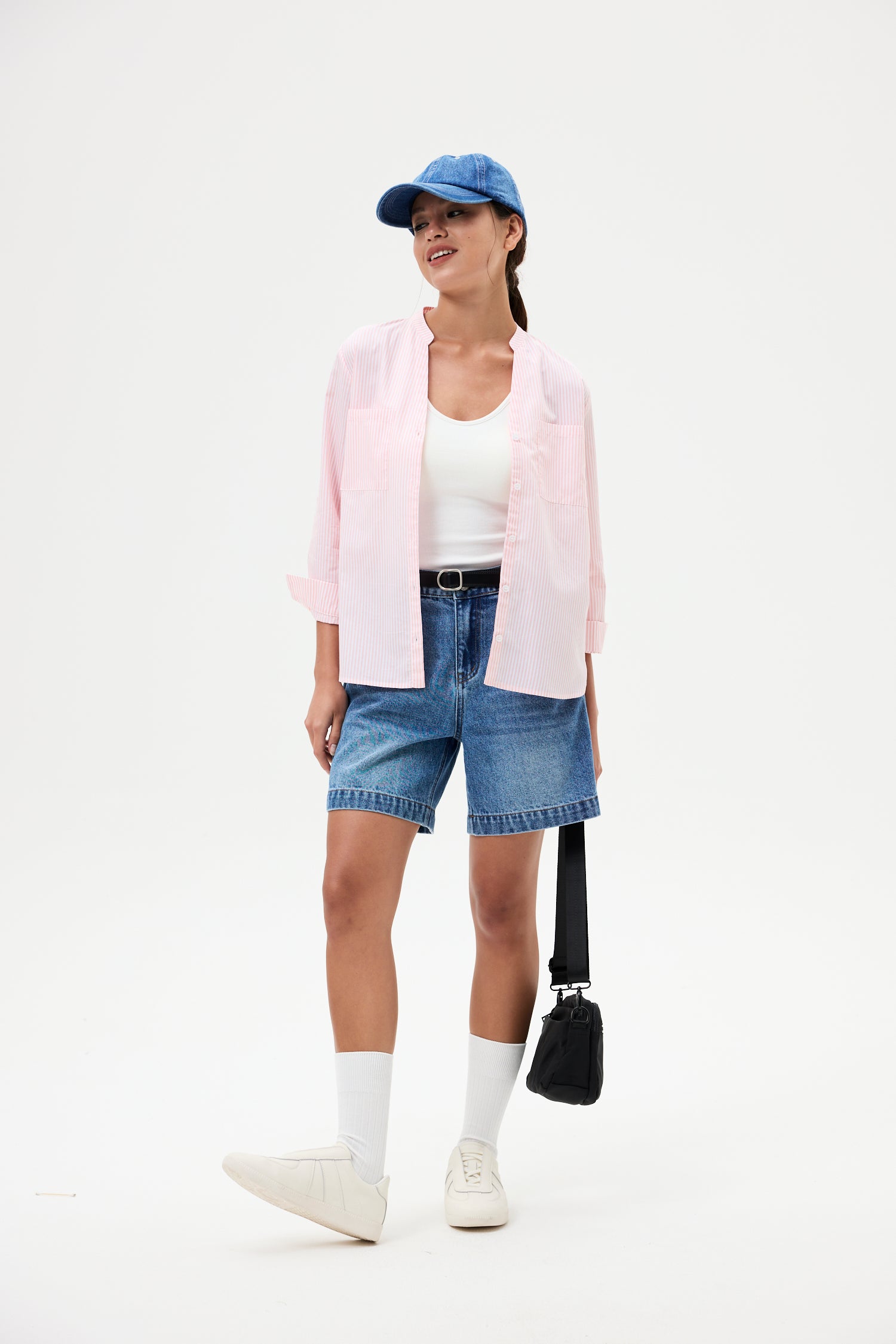 Open-Stand Collar Stripes Shirt